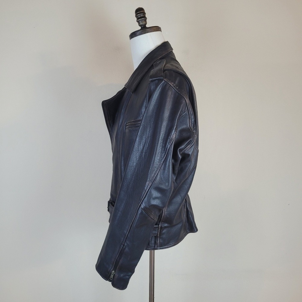 Badge Leather Jacket Mens Large Black Distressed Belted Moto Biker Asymmetrical - Picture 4 of 14